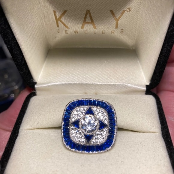 Sapphire and CZ Rhodium Over 925 Sz 5 Ring - Picture 10 of 11